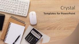  Presentation with stationary - PPT theme consisting of manager-or-student-workplace background and a coral colored foreground