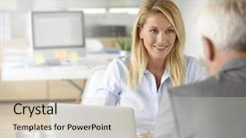  Presentation with human resources - Audience pleasing slide set consisting of manager receiving candidate for job backdrop and a soft green colored foreground