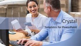  Presentation with scanning - Beautiful slides featuring manager scanning box while her colleague typing on laptop in a large warehouse backdrop and a light blue colored foreground
