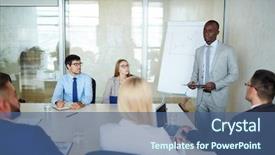  Presentation with board meeting - PPT theme consisting of manager standing at marker board background and a ocean colored foreground