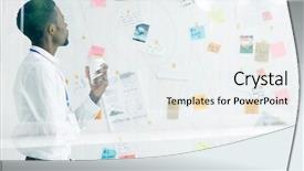  Presentation with manager thinking - Slides enhanced with manager standing at marker board background and a sky blue colored foreground