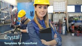  Presentation with automotive - Colorful slide set enhanced with manager-standing-in-automotive-mechanical backdrop and a ocean colored foreground