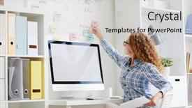  Presentation with noticeboard - Audience pleasing PPT theme consisting of manager taking notepaper from noticeboard backdrop and a light gray colored foreground