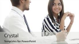  Presentation with female - Cool new theme with manager talking to the client backdrop and a  colored foreground