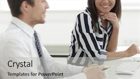  Presentation with female - PPT theme featuring manager talking to the client background and a light gray colored foreground