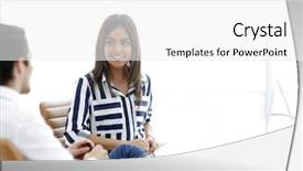  Presentation with female - Amazing PPT theme having manager talking to the client backdrop and a white colored foreground