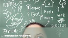  Presentation with manager thinking - Slides enhanced with manager think - young woman thinking and dreaming background and a gray colored foreground