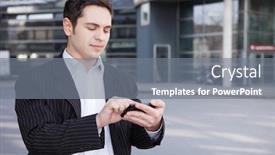  Presentation with city - Cool new presentation theme with manager-uses-a-smartphone backdrop and a gray colored foreground