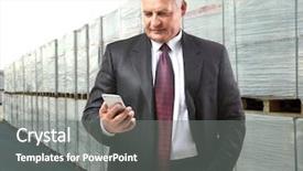  Presentation with smartphone - Amazing PPT theme having manager using smartphone near goods backdrop and a gray colored foreground