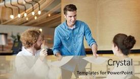  Presentation with working together - Beautiful PPT theme featuring manager wearing denim shirt passing backdrop and a coral colored foreground