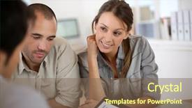  Presentation with people in sales - Audience pleasing presentation theme consisting of manager with sales people presenting backdrop and a violet colored foreground