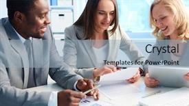  Presentation with business plan - Presentation theme featuring managers being gathered to discuss background and a light blue colored foreground