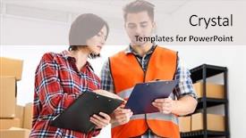  Presentation with large warehouse logistic or distribution - Audience pleasing slide deck consisting of managers checking orders at warehouse backdrop and a  colored foreground