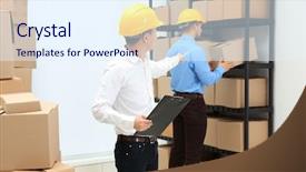  Presentation with data warehouse cubes - Cool new slides with managers checking orders at warehouse backdrop and a  colored foreground