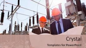  Presentation with electrical company - Presentation theme enhanced with managers discussing blueprint at electrical background and a coral colored foreground