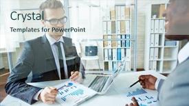  Presentation with revenue - Audience pleasing PPT theme consisting of managers discussing financial revenues backdrop and a  colored foreground