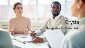  Presentation with team meeting - Slide deck with managers listening to their superior background and a soft green colored foreground