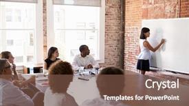  Presentation with whiteboard - Presentation theme featuring manager meeting - businesswoman at whiteboard giving presentation background and a tawny brown colored foreground