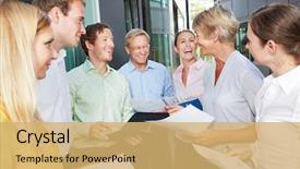  Presentation with people talking - Cool new PPT theme with business people laughing and talking backdrop and a  colored foreground