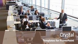  Presentation with office workers - Slide deck enhanced with senior male manager addressing workers background and a tawny brown colored foreground