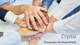  Presentation with managers - Amazing PPT layouts having managers-stack-many-hands backdrop and a sky blue colored foreground