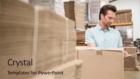  Presentation with large warehouse logistic or distribution - PPT theme with managing inventory - warehouse worker checking his list background and a coral colored foreground