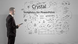  Presentation with office - Slide deck having managing organizational communication - manager staying and presenting office background and a  colored foreground