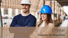  Presentation with architects - Slide set featuring mand-and-woman-architects-smiling background and a coral colored foreground