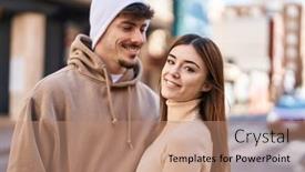  Presentation with confident - PPT theme featuring mand-and-woman-couple-smiling background and a coral colored foreground