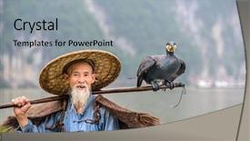  Presentation with fish river - Cool new PPT theme with mandarim fish - cormorant fisherman and his bird backdrop and a light gray colored foreground