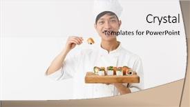  Presentation with white plate - Slides with mandarim fish - image of positive chinese chief background and a light gray colored foreground