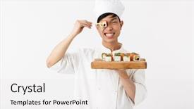  Presentation with white plate - Amazing slides having mandarim fish - image of smiling chinese chief backdrop and a white colored foreground