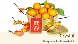  Presentation with mandarin oranges - Beautiful presentation design featuring mandarin-oranges-in-gold-ingot backdrop and a blonde colored foreground