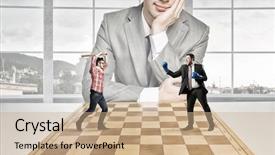  Presentation with chessboard - Audience pleasing PPT theme consisting of conflicto - businessman fighting on the chessboard backdrop and a  colored foreground