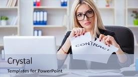  Presentation with contract - Beautiful slides featuring torn contract - young businesswoman with message backdrop and a light blue colored foreground