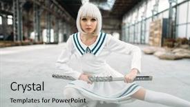  Presentation with sword - PPT theme featuring manga - blonde woman with sword background and a light gray colored foreground