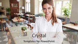  Presentation with dining restaurant - Colorful presentation enhanced with mangers - portrait of female restaurant manager backdrop and a mint green colored foreground