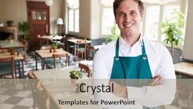  Presentation with dining restaurant - Audience pleasing PPT theme consisting of mangers - portrait of male restaurant manager backdrop and a coral colored foreground