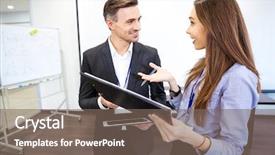  Presentation with working together - Audience pleasing PPT layouts consisting of mangers - two smiling businesspeople talking backdrop and a  colored foreground