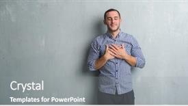  Presentation with grey - Slide set consisting of mangers - young caucasian man over grey background and a  colored foreground