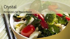  Presentation with chopsticks - Beautiful presentation theme featuring manging - bowl of stir-fried vegetables topped backdrop and a  colored foreground