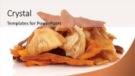  Presentation with mango fruit - Colorful slides enhanced with mango and pineapple dried fruit snack mixture isolated over white background backdrop and a lemonade colored foreground