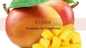 Presentation with fruits mango - Slide deck having mango-fruits-with-green-leaf background and a gold colored foreground