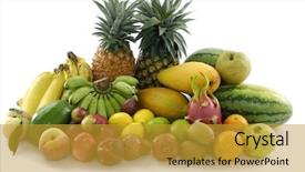  Presentation with fresh fruits salad on white - Presentation design with mango juice - delicious fresh fruits on white background and a gold colored foreground