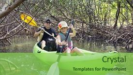  Presentation with kayaking - Colorful slide set enhanced with mangroves - family kayaking through tropical mangrove backdrop and a seafoam green colored foreground