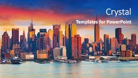  Presentation with manhattan - Amazing PPT layouts having manhattan-skyline-illuminated-by-sunset backdrop and a ocean colored foreground