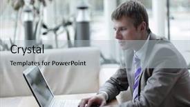  Presentation with monitor computer - Colorful theme enhanced with manhood - young employee looking at computer backdrop and a light gray colored foreground