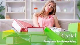  Presentation with shopping - PPT theme featuring mania disorder - young woman with shopping bags background and a seafoam green colored foreground