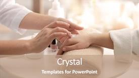  Presentation with spa salon - Amazing slide set having manicure - young woman undergoing hand treatment backdrop and a coral colored foreground