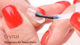  Presentation with enamel - Amazing PPT theme having manicure-applying-brushing-fingernails backdrop and a coral colored foreground